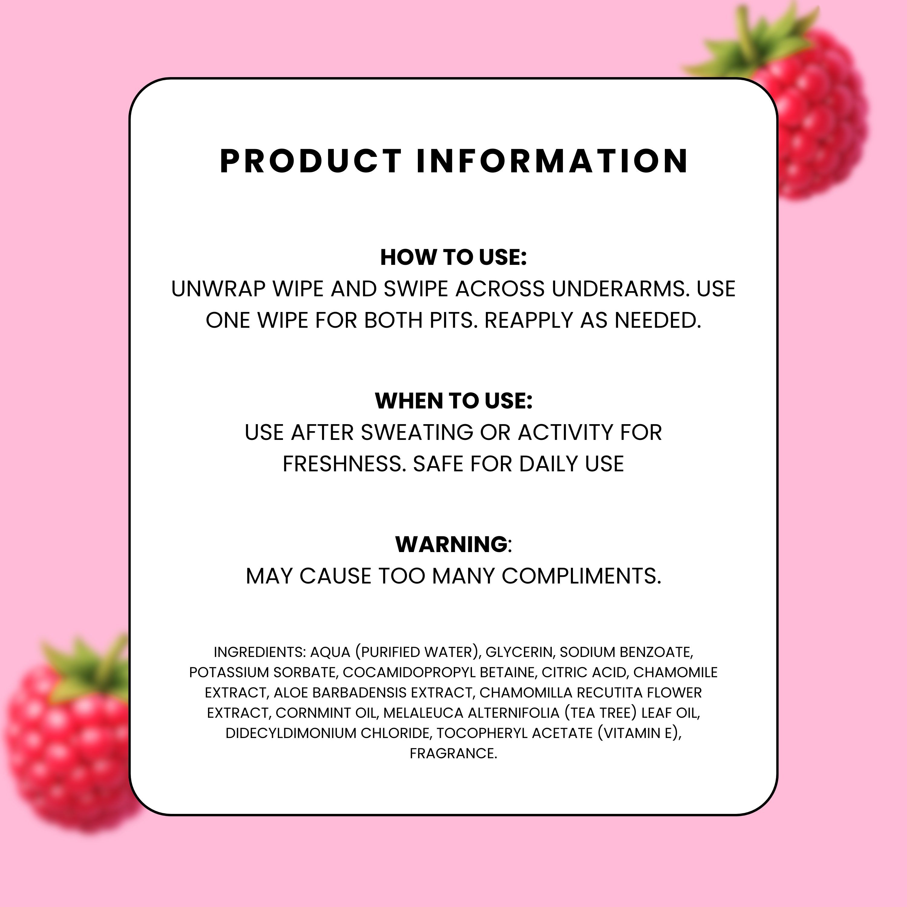 Raspberry Burst What a Pity Deodorant Wipe Information